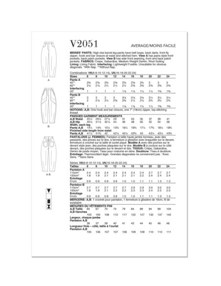 Patron Vogue 2051 H5 (34-42) - Pantalon taille haute à jambes larges avec poches
