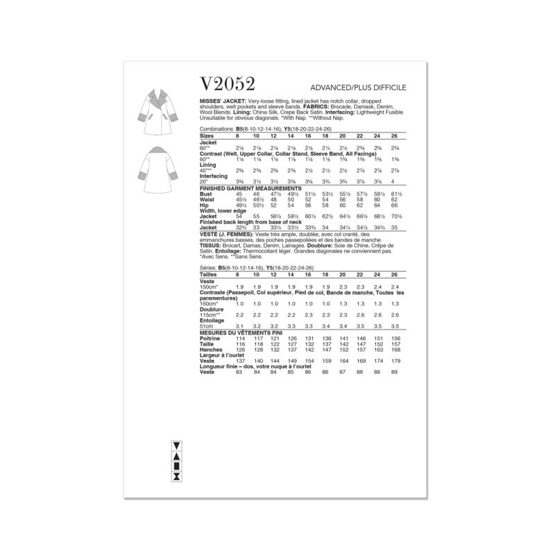 Patron Vogue 2052 B5 (36-44) - Veste ample avec col à revers