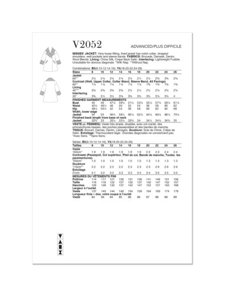 Patron Vogue 2052 B5 (36-44) - Veste ample avec col à revers
