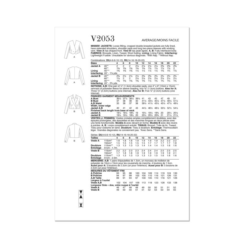 Patron Vogue 2053 D5 (32-40) - Veste à double boutonnage avec épaulettes