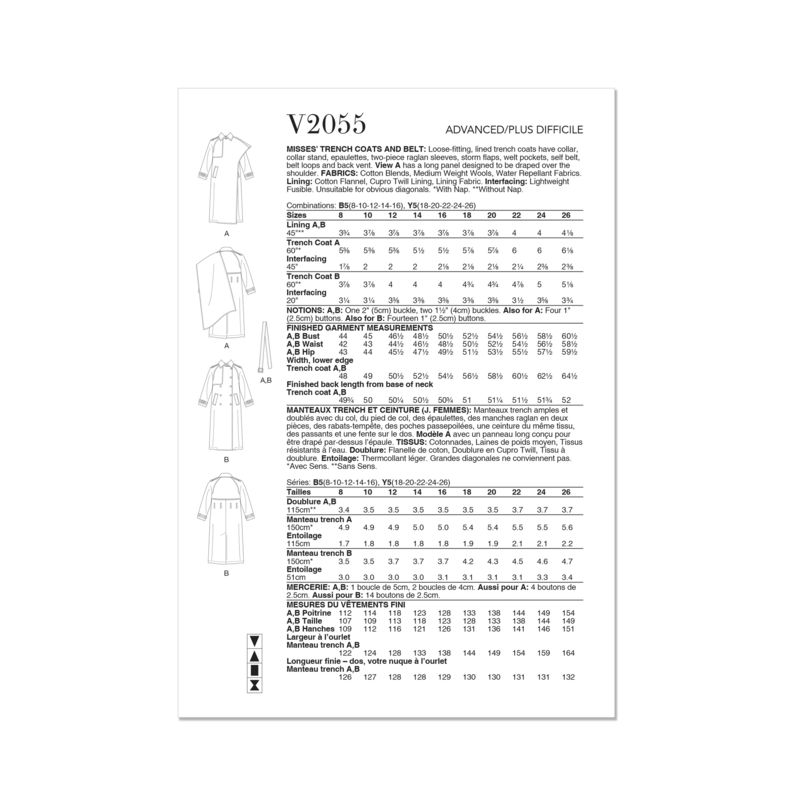 Patron Vogue 2055 B5 (36-44) - Trench-coat avec ceinture et épaulettes