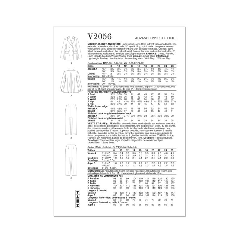 Patron Vogue 2056 B5 (36-44) - Ensemble veste doublée et jupe fuselée