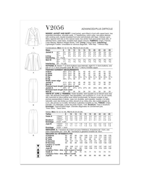 Patron Vogue 2056 B5 (36-44) - Ensemble veste doublée et jupe fuselée