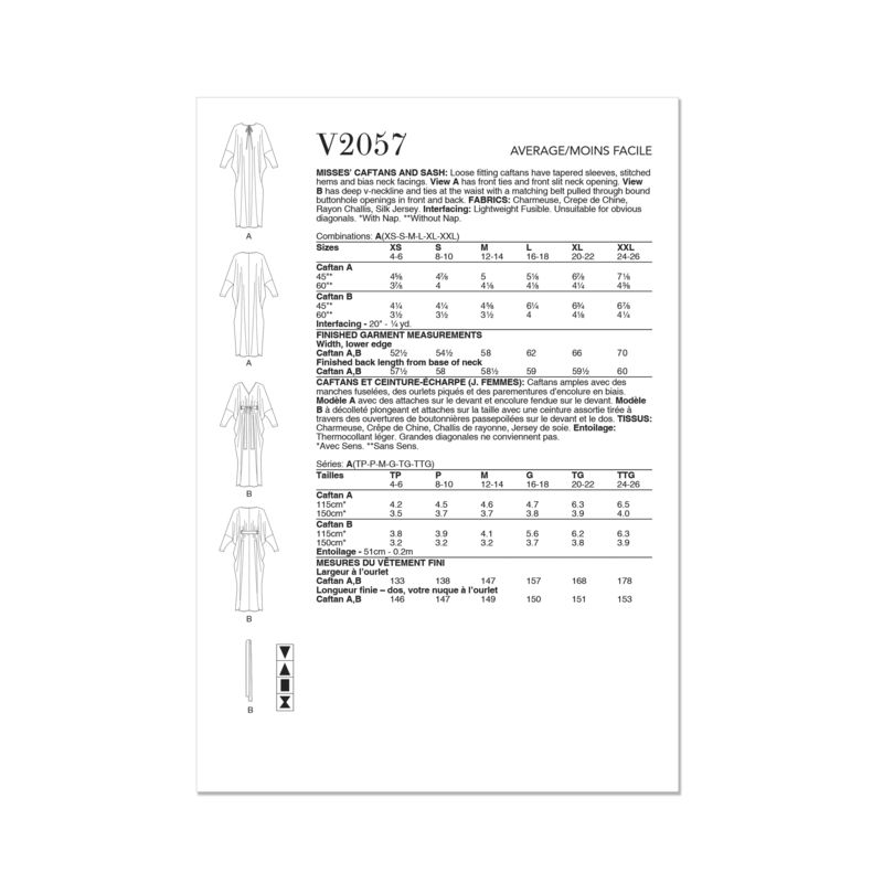 Patron Vogue 2057 A (32-54) - Caftan ample avec ceinture et encolure en V