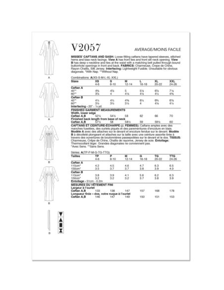 Patron Vogue 2057 A (32-54) - Caftan ample avec ceinture et encolure en V