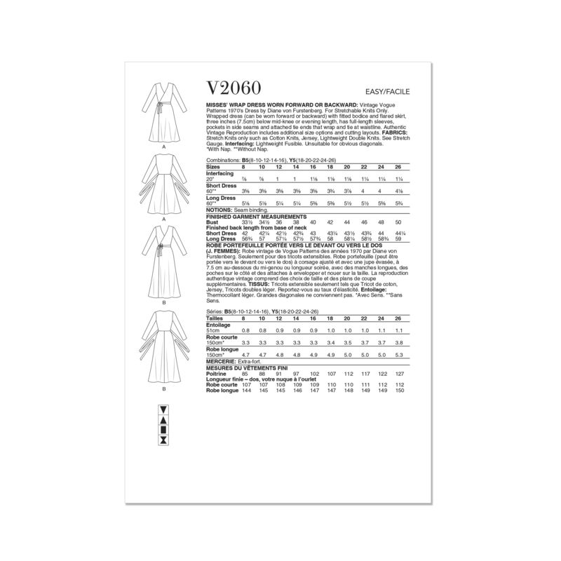 Patron Vogue 2060 B5 (36-44) - Robe portefeuille réversible avec attaches