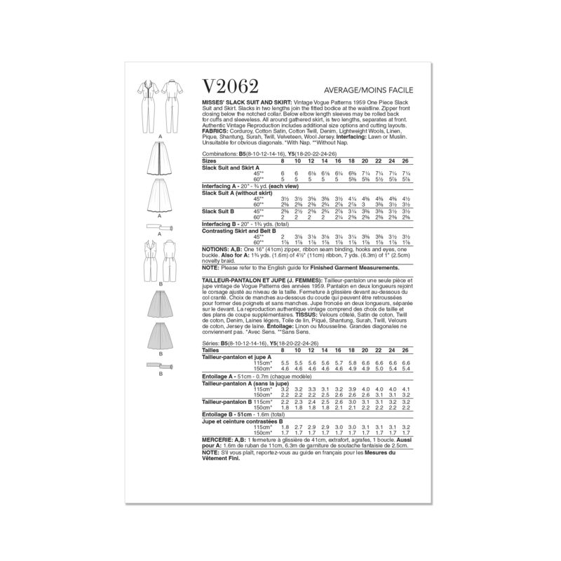 Patron Vogue 2062 B5 (36-44) - Ensemble vintage slack et jupe