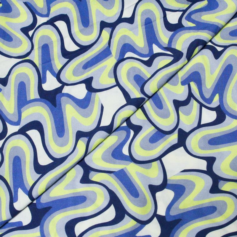 Étoffe 100% viscose - Imprimé géométrique bleu et jaune sur fond blanc