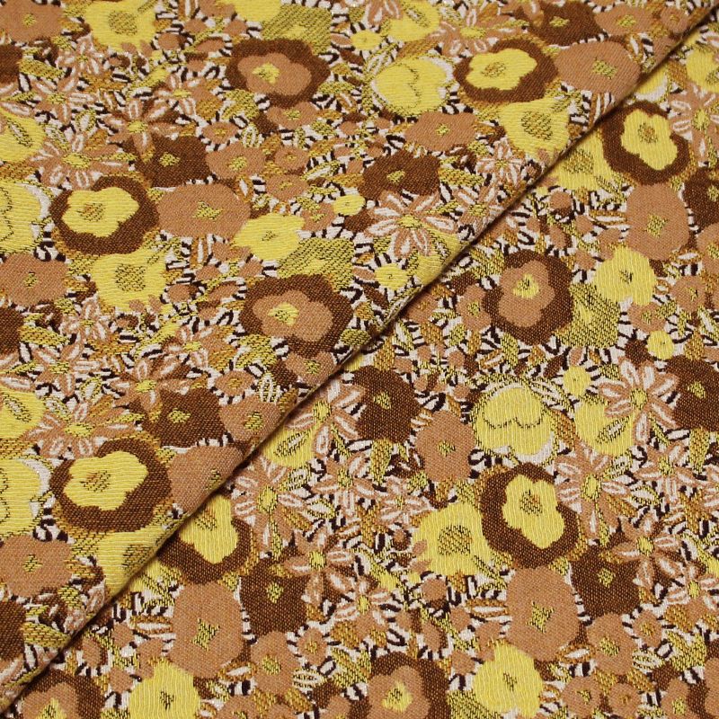 Tissu broché - Fleuri jaune & camel