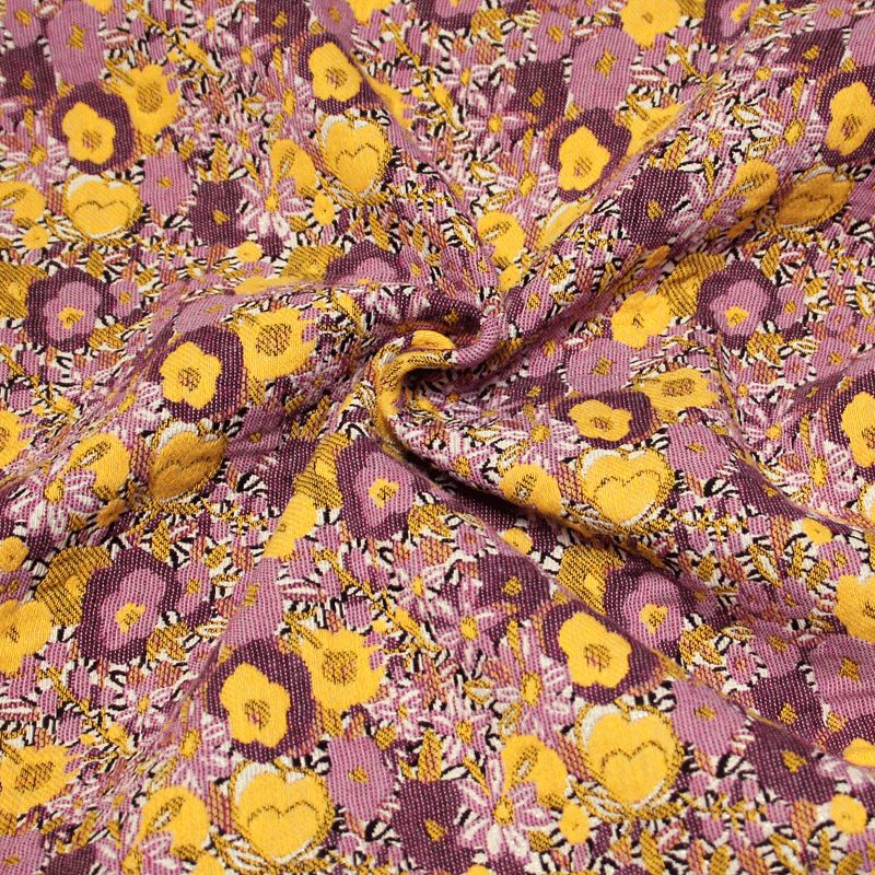 Tissu broché - Fleuri lilas & jaune orangé