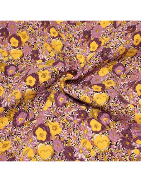 Tissu broché - Fleuri lilas & jaune orangé