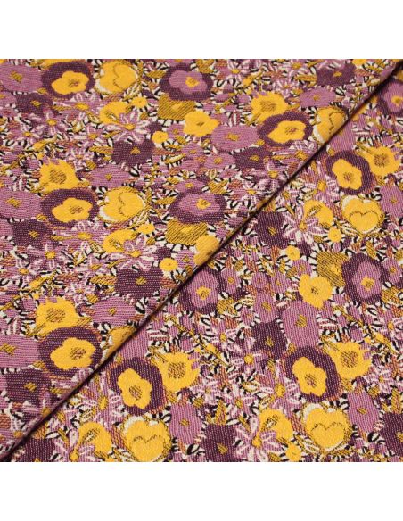 Tissu broché - Fleuri lilas & jaune orangé