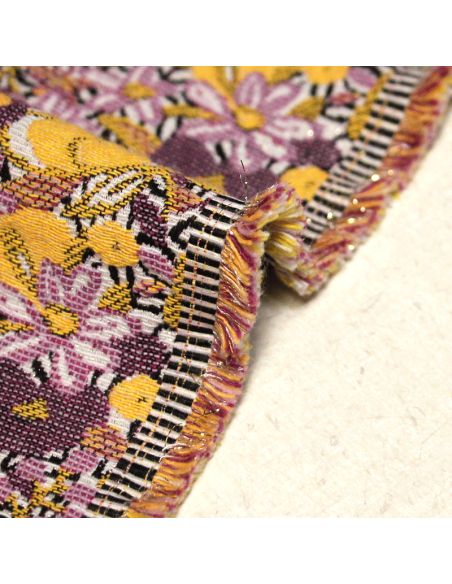 Tissu broché - Fleuri lilas & jaune orangé
