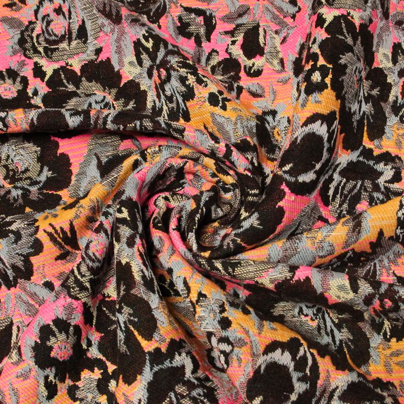 Jacquard - Fleuri marron et noir fond orange & rose