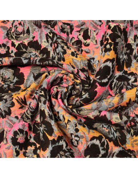 Jacquard - Fleuri marron et noir fond orange & rose