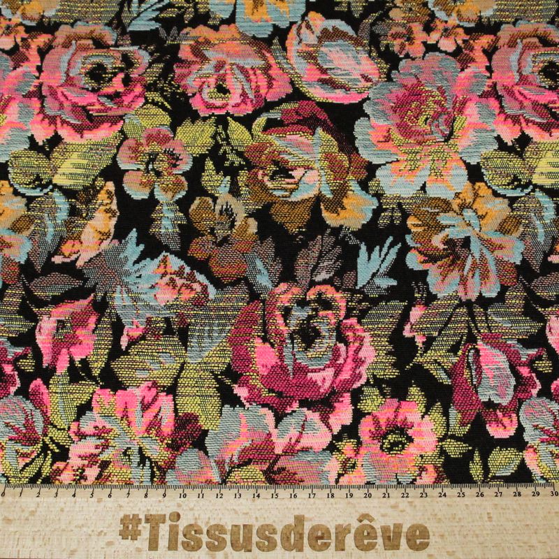 Jacquard - Fleuri marron et noir fond orange & rose