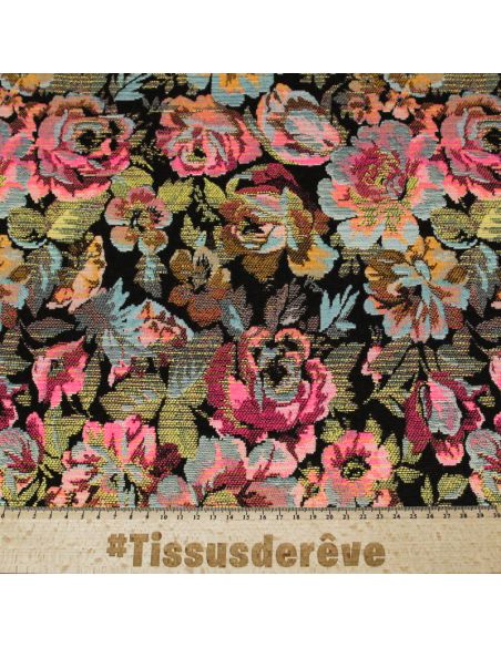 Jacquard - Fleuri marron et noir fond orange & rose