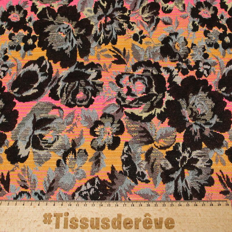 Jacquard - Fleuri marron et noir fond orange & rose