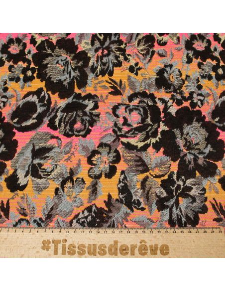 Jacquard - Fleuri marron et noir fond orange & rose