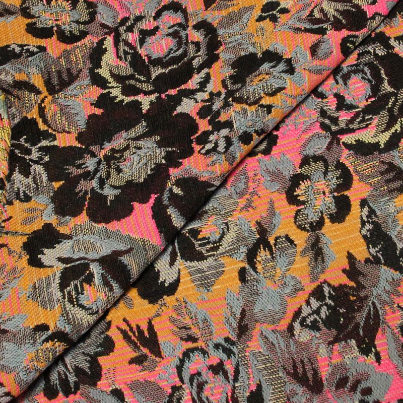 Jacquard - Fleuri marron et noir fond orange & rose