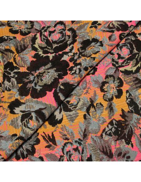 Jacquard - Fleuri marron et noir fond orange & rose