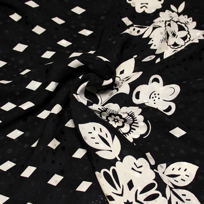 Panneaux satin 100% soie jacquard - Fleuri & losange fond noir à pois