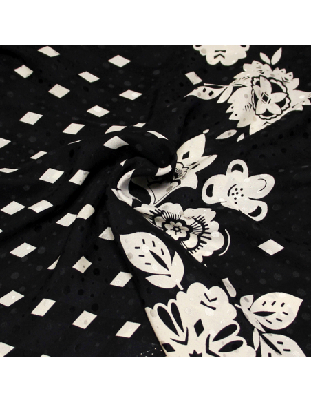 Panneaux satin 100% soie jacquard - Fleuri & losange fond noir à pois