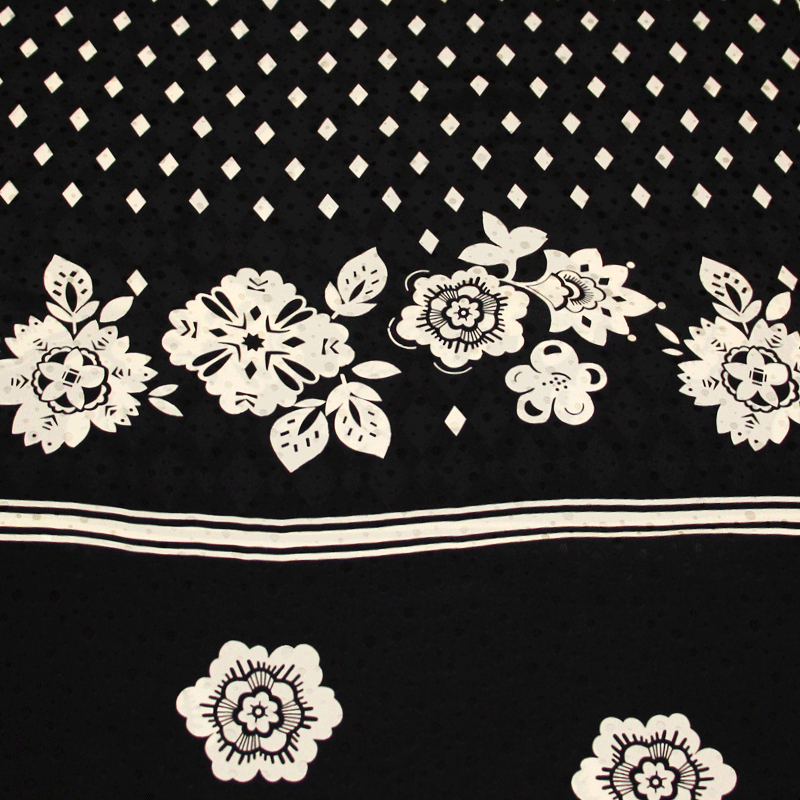 Panneaux satin 100% soie jacquard - Fleuri & losange fond noir à pois