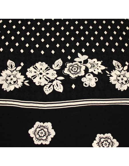 Panneaux satin 100% soie jacquard - Fleuri & losange fond noir à pois