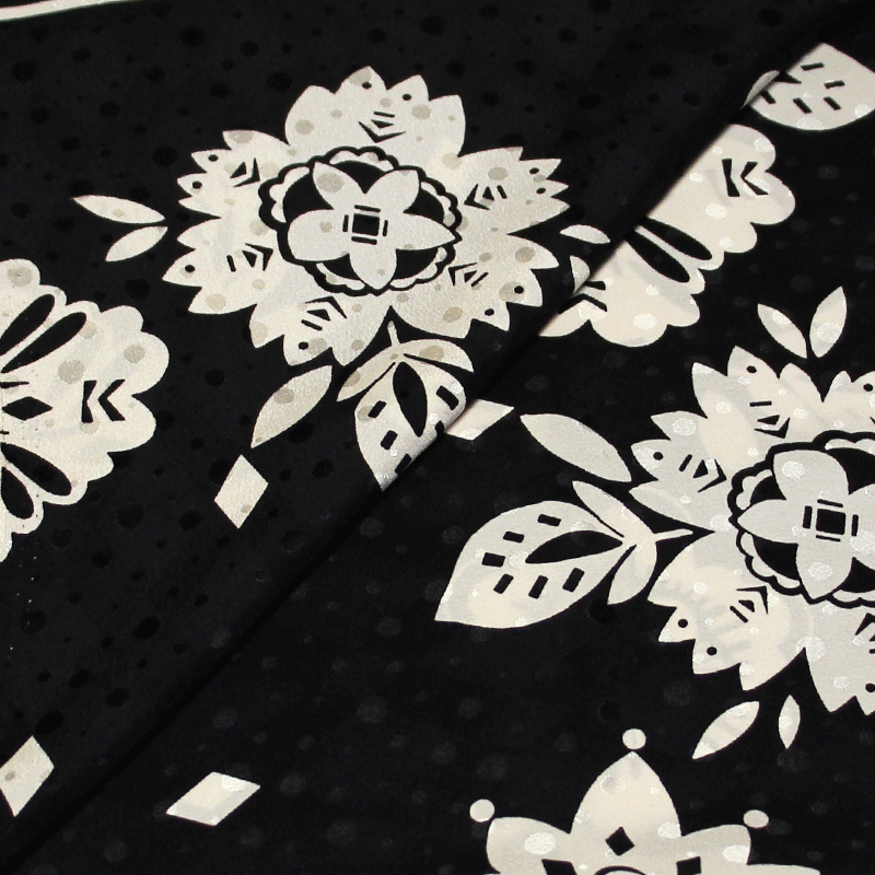 Panneaux satin 100% soie jacquard - Fleuri & losange fond noir à pois