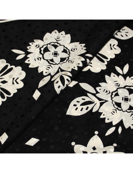 Panneaux satin 100% soie jacquard - Fleuri & losange fond noir à pois