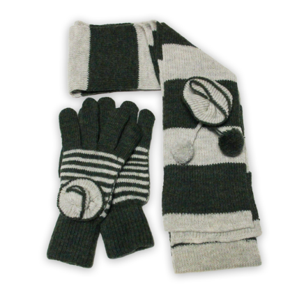 Ensemble gants & tour de cou laine & acrylique - Vert & gris