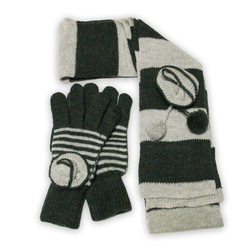 Ensemble gants & tour de cou laine & acrylique - Vert & gris