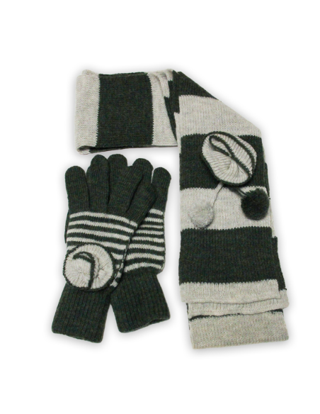 Ensemble gants & tour de cou laine & acrylique - Vert & gris