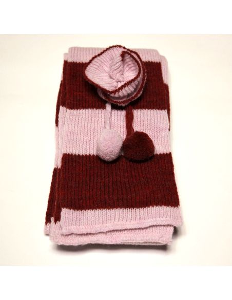 Ensemble gants & tour de cou laine & acrylique - Rose & bordeaux