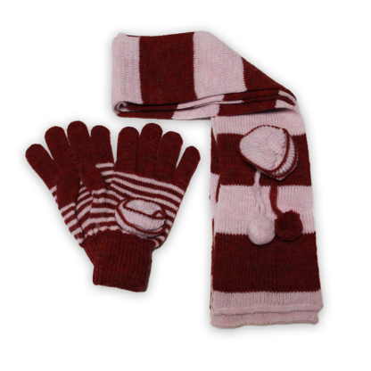 Ensemble gants & tour de cou laine & acrylique - Rose & bordeaux