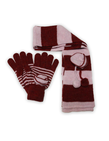 Ensemble gants & tour de cou laine & acrylique - Rose & bordeaux