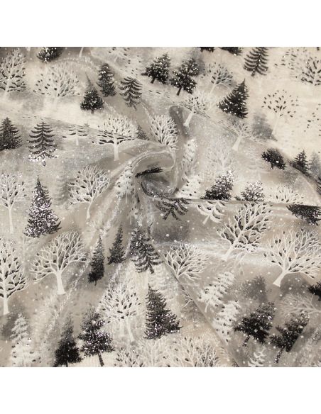 Organza imprimé Noël - Sapin noir