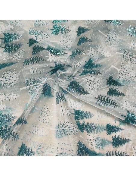 Organza imprimé Noël - Sapin turquoise