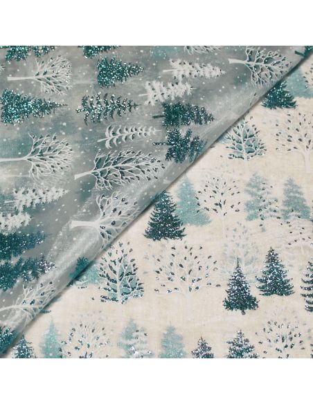 Organza imprimé Noël - Sapin turquoise