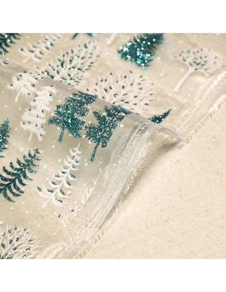 Organza imprimé Noël - Sapin turquoise