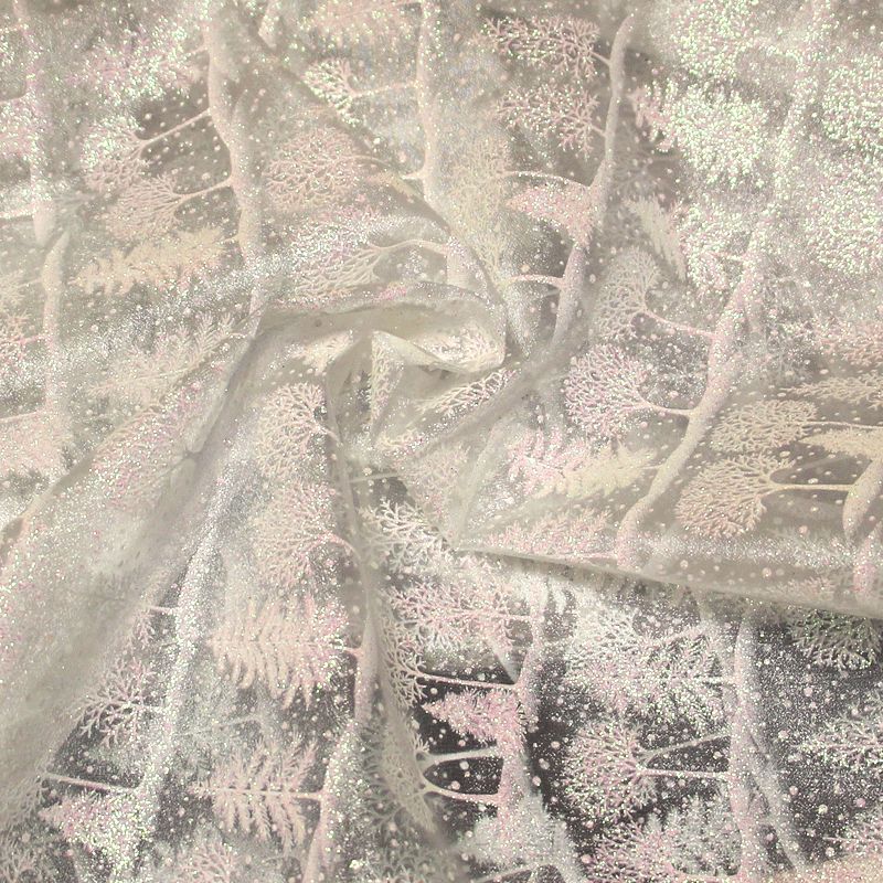 Organza imprimé Noël - Sapin blanc nacré & rose