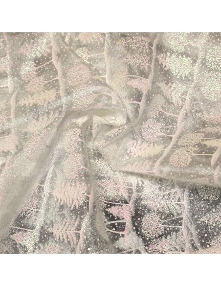 Organza imprimé Noël - Sapin blanc nacré & rose