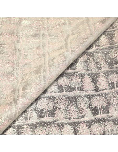 Organza imprimé Noël - Sapin blanc nacré & rose