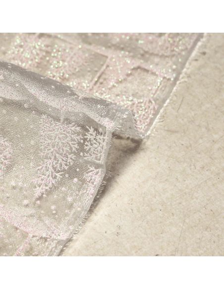 Organza imprimé Noël - Sapin blanc nacré & rose