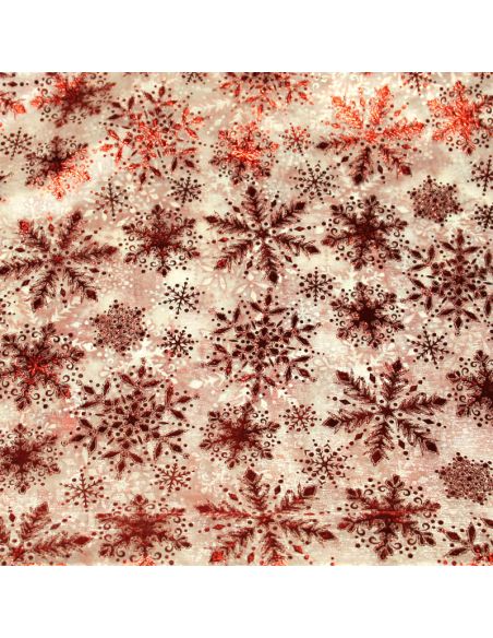 Organza imprimé Noël - Flocon de neige rouge