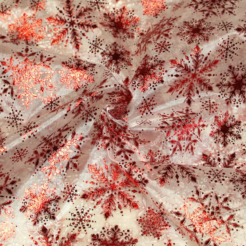 Organza imprimé Noël - Flocon de neige rouge