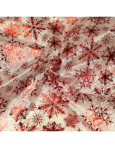 Organza imprimé Noël - Flocon de neige rouge