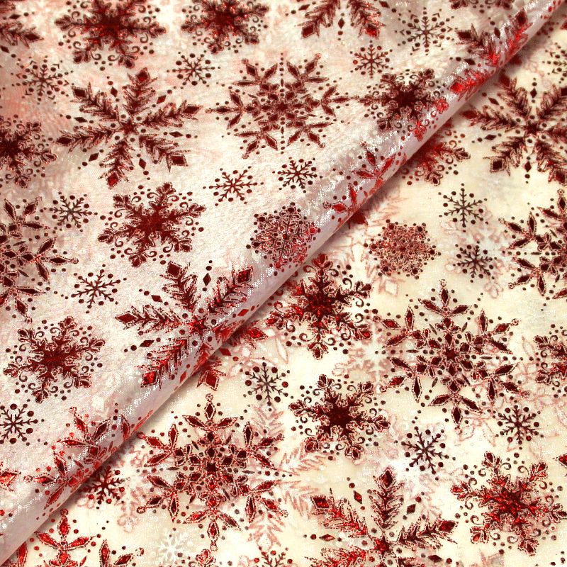 Organza imprimé Noël - Flocon de neige rouge