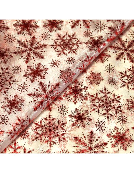 Organza imprimé Noël - Flocon de neige rouge